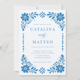 Blue Boho Hand Drawn Mexican Papel Picado Wedding Invitation