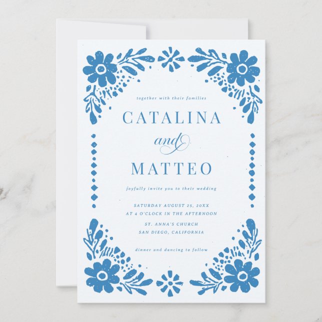Blue Boho Hand Drawn Mexican Papel Picado Wedding Invitation (Front)