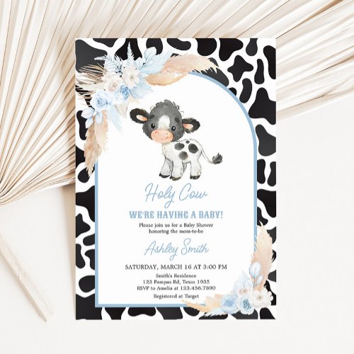 Blue Boho Highland Cow Baby Shower Invitation