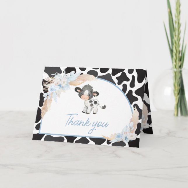 Blue Boho Highland Cow Baby Shower Thank You Card (Front)