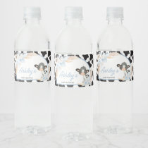 Blue Boho Highland Cow Baby Shower Water Bottle Label