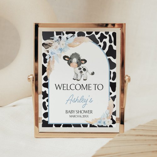 Blue Boho Highland Cow Baby Shower Welcome Poster