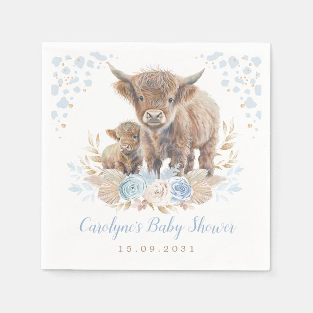 Blue Boho Highland Cow Boy Baby Shower Napkins (Front)