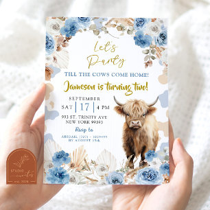Blue Boho Highland Cow Farm Boy Birthday Invitation