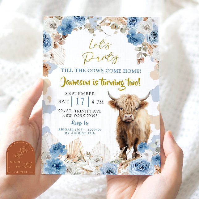 Blue Boho Highland Cow Farm Boy Birthday Invitation (Creator Uploaded)