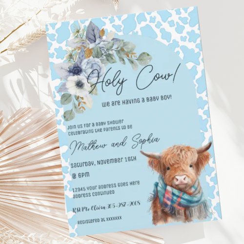 Blue Boho Holy Cow Boy Baby Shower Invitation