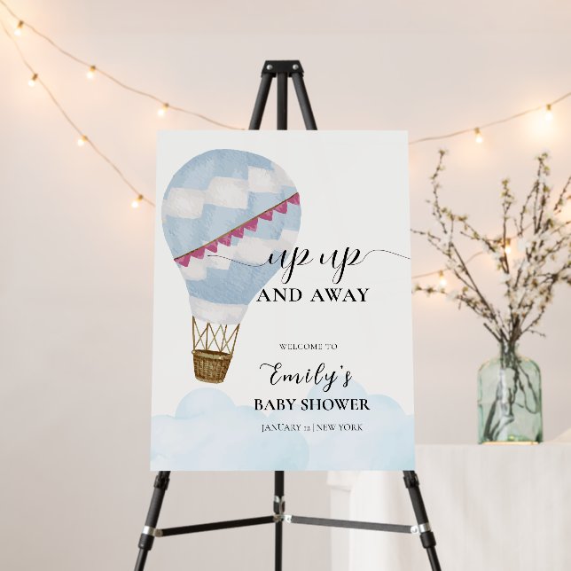 Blue Boho Hot Air Balloon Baby Shower Welcome Sign (In Situ (Stand))