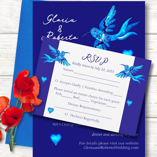 Blue Boho Hummingbirds Mexican Wedding RSVP Card (Creator Uploaded)