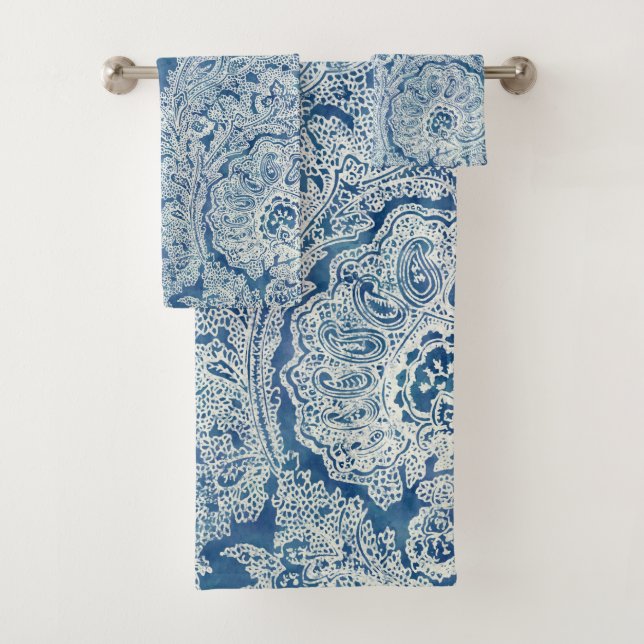 Blue Boho Lace Paisley Pattern  Bath Towel Set (Insitu)