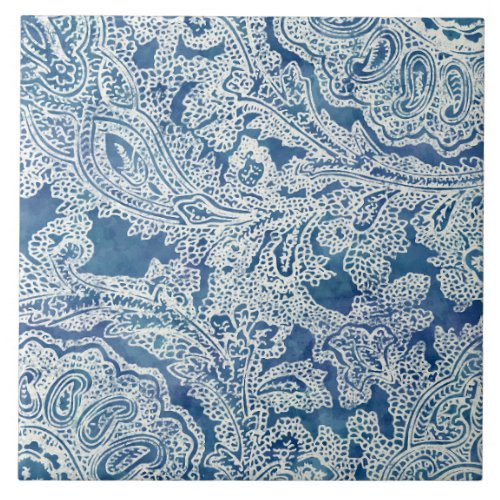 Blue Boho Lace Paisley Pattern Ceramic Tile