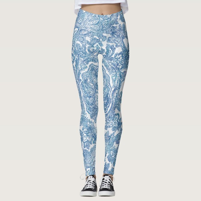 Blue Boho Lace Paisley Pattern  Leggings (Front)