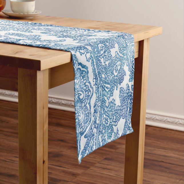 Blue Boho Lace Paisley Pattern Short Table Runner (In Situ)