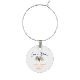 blue boho love in Bloom bridal shower name retro Wine Charm