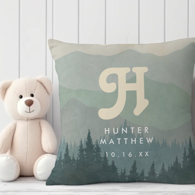 Blue Boho Monogram Mountain & Forest Retro Nursery Throw Pillow (Creator Uploaded)