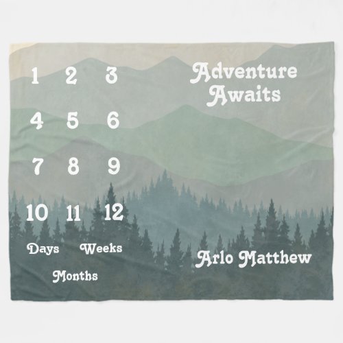 Blue Boho Mountains Retro Baby Milestone Fleece Blanket