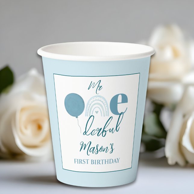 Blue Boho Mr Onederful 1st Birthday Party Paper Cups (Creator Uploaded)