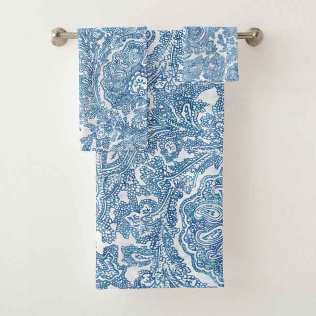 Blue Boho Paisley Pattern Bath Towel Set (Insitu)