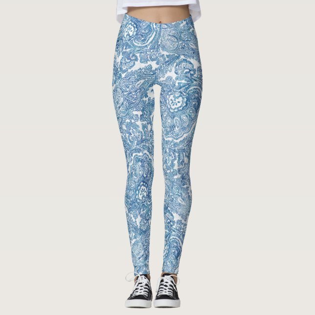 Blue Boho Paisley Pattern Leggings (Front)