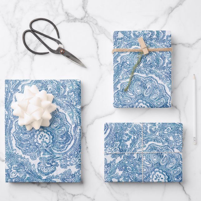 Blue Boho Paisley Pattern  Wrapping Paper Sheets (Front)