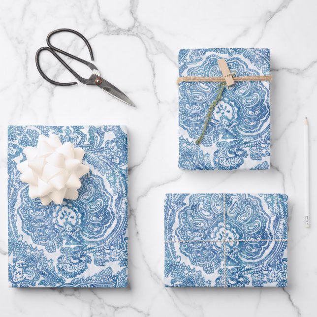 Blue Boho Paisley Pattern   Wrapping Paper Sheets (Front)