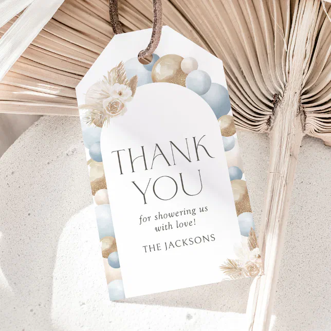 Blue Boho Pampas Grass Arch Boy Baby Shower Gift Tags | Zazzle