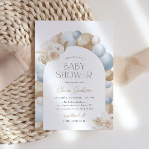 Blue Boho Pampas Grass Arch Boy Baby Shower Invitation