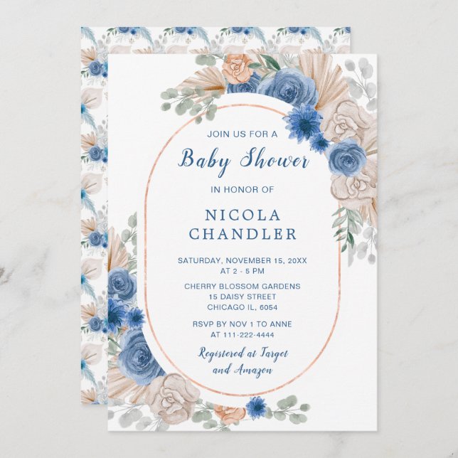 Blue Boho Pampas Grass Baby Shower Invitation (Front/Back)