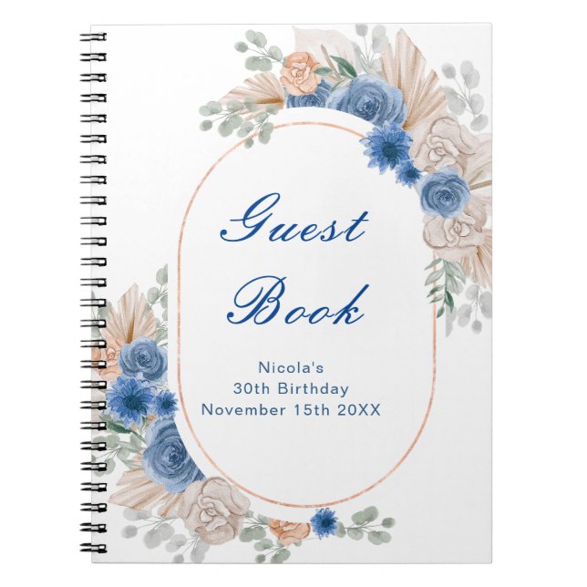 Blue Boho Pampas Grass Birthday Party Guest Book (Front)