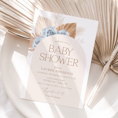 Blue Boho Pampas Grass Boy Baby Shower Invitation