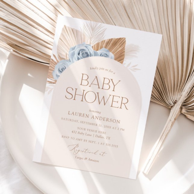 Blue Boho Pampas Grass Boy Baby Shower Invitation (Creator Uploaded)