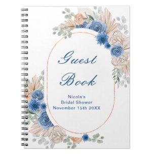Blue Boho Pampas Grass Bridal Shower Guest  Notebook