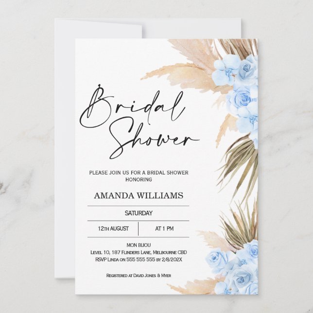 Blue Boho Pampas Grass Bridal Shower Invitation (Front)