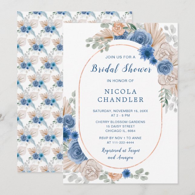 Blue Boho Pampas Grass Bridal Shower Invitation (Front/Back)