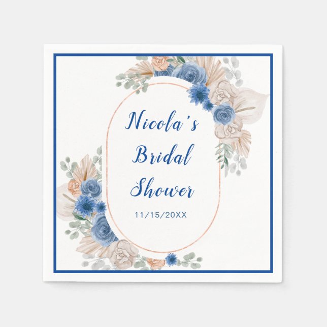 Blue Boho Pampas Grass Bridal Shower Napkins (Front)