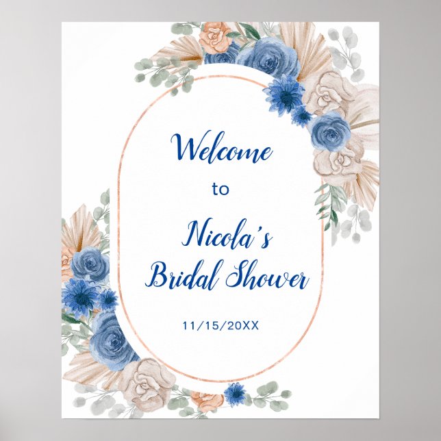 Blue Boho Pampas Grass Bridal Shower Poster (Front)