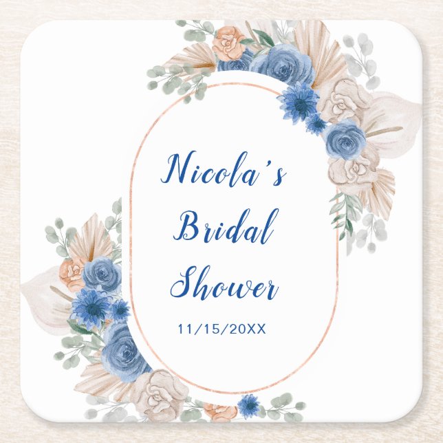 Blue Boho Pampas Grass Bridal Shower Square Paper Coaster (Front)