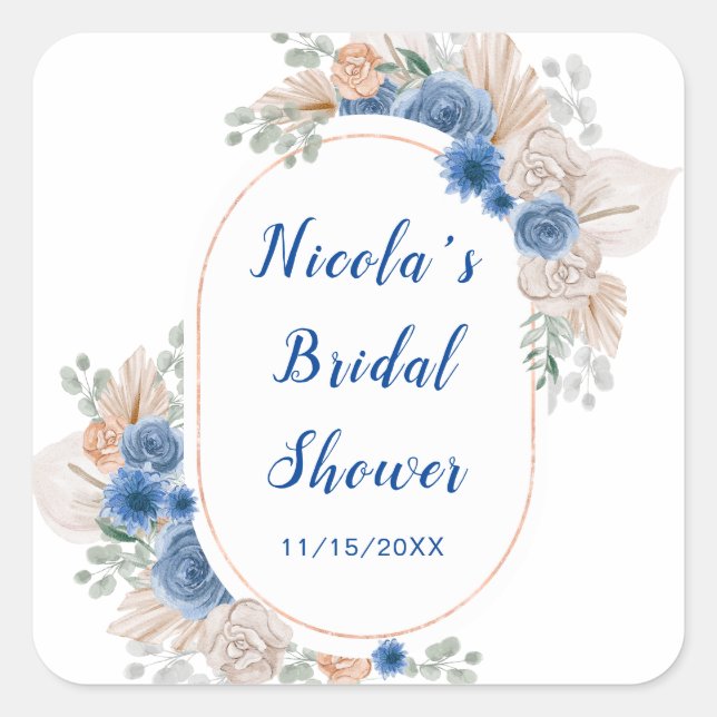Blue Boho Pampas Grass Bridal Shower Square Sticker (Front)