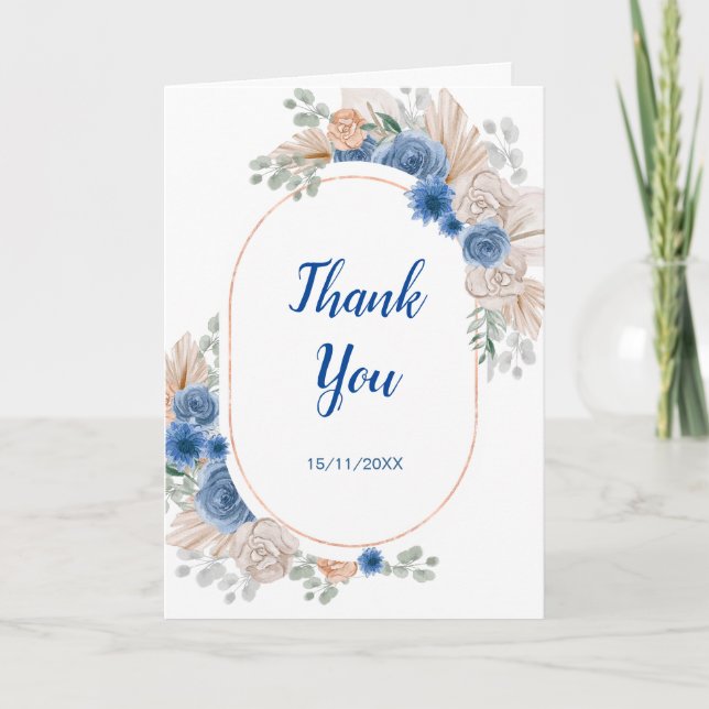 Blue Boho Pampas Grass Bridal Shower Thank You Card (Front)