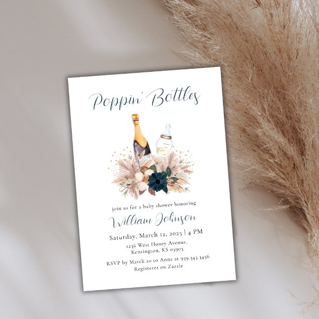 Blue Boho Poppin Bottles Champagne Baby Shower  Invitation (Blue Boho Poppin Bottles Champagne Baby Shower Invitation)