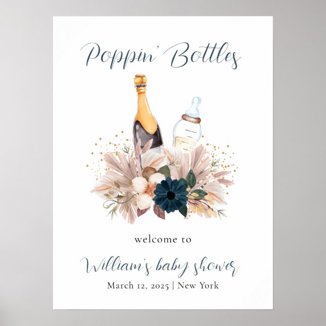 Blue Boho Poppin Champagne Baby Shower Welcome Poster (Front)