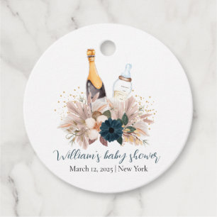 Blue Boho Poppin Champagne Bottles Baby Shower Favor Tags