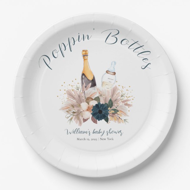 Blue Boho Poppin Champagne Bottles Baby Shower  Paper Plates (Front)