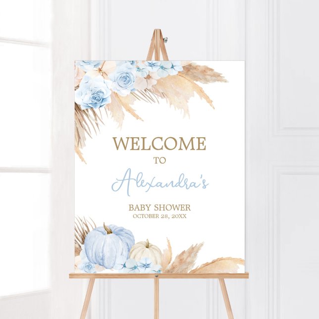 Blue Boho Pumpkin Baby Shower Welcome Poster (Boy Little Pumpkin Baby Shower Welcome Sign)
