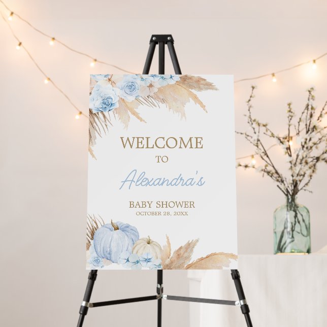 Blue Boho Pumpkin Baby Shower Welcome Sign (In Situ (Stand))