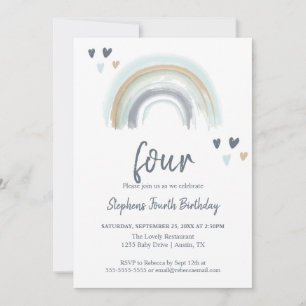 Blue Boho Rainbow 4th Birthday Party Invitation