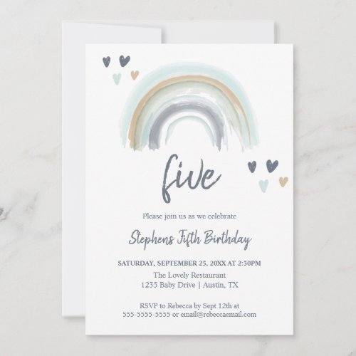  Blue Boho Rainbow 5th Birthday Party  Invitation