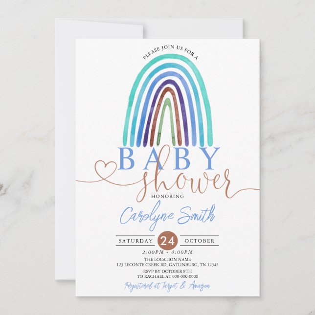 Blue Boho Rainbow Baby Shower Invitation (Front)