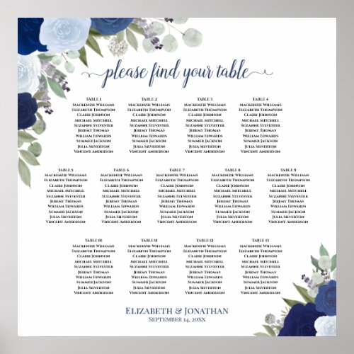 Blue Boho Roses 13 Table Wedding Seating Chart