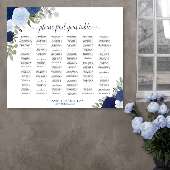 Blue Boho Roses Alphabetical Wedding Seating Chart (In Situ on Wall)