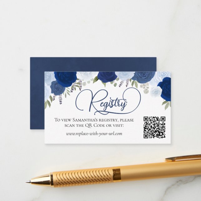 Blue Boho Roses Bridal Shower Registry QR Code Enclosure Card (Front/Back In Situ)
